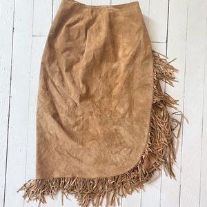 Vintage 80s Suede Leather Wrap Skirt Western Fringe Tan Lew Magram Size Small